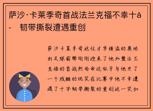 萨沙·卡莱季奇首战法兰克福不幸十字韧带撕裂遭遇重创 萨沙·卡莱季奇首战法兰克福不幸十字韧带撕裂遭遇重创