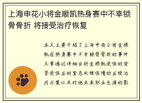 上海申花小将金顺凯热身赛中不幸锁骨骨折 将接受治疗恢复